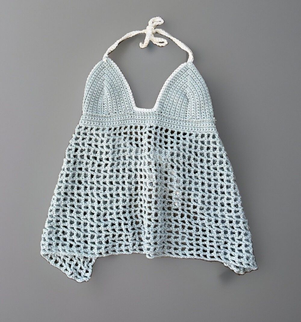 Handmade Crochet Halter Neck Mesh Crop Top Open Knit Summer Boho Festival M